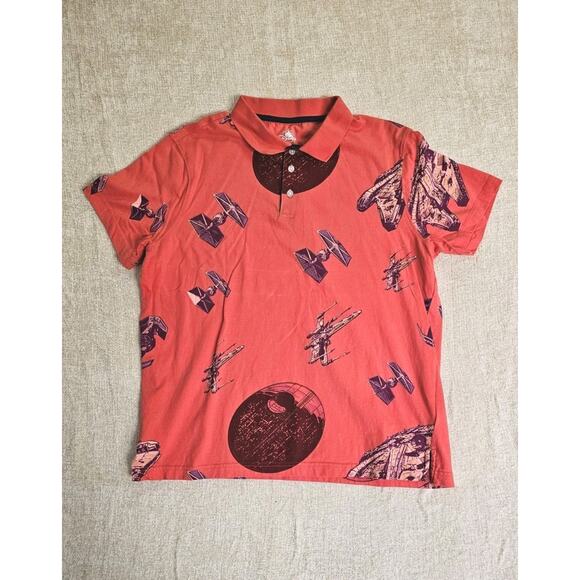 Disney Star Wars Polo Shirt Size L Red Slim Fit All Over Print - Picture 1 of 4